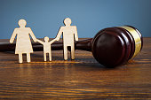 Family law and adoption concept. Figures and gavel.