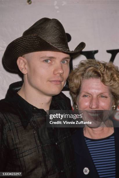 American singer, songwriter and guitarist Billy Corgan of rock band The Smashing Pumpkins with an unspecified woman at the announcement of benefit...