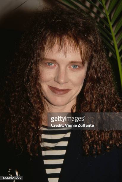 Australian actress Judy Davis, wearing a blue blazer over a blue-and-white striped top, attends the 18th Annual Los Angeles Film Critics Association...