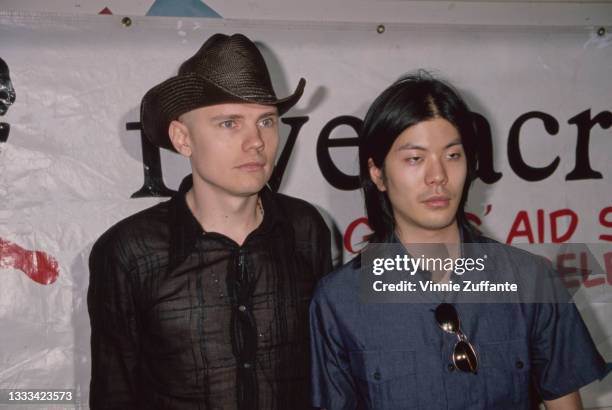 American singer, songwriter and guitarist Billy Corgan and American guitarist James Iha, both of rock band The Smashing Pumpkins, at the announcement...