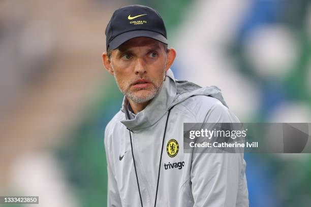 Thomas Tuchel, Manager of Chelsea looks on during a Chelsea FC Training Session ahead of the UEFA Super Cup 2021 match between Chelsea FC and...