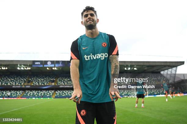 Christian Pulisic of Chelsea reacts following a Chelsea FC Training Session ahead of the UEFA Super Cup 2021 match between Chelsea FC and Villarreal...