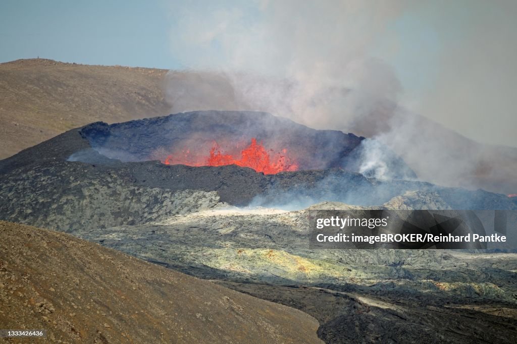 Active volcano with lava fountains, volcanic crater, Fagradalsfjall, Geldingadalir, Reykjanes, Sudurnes, Iceland
