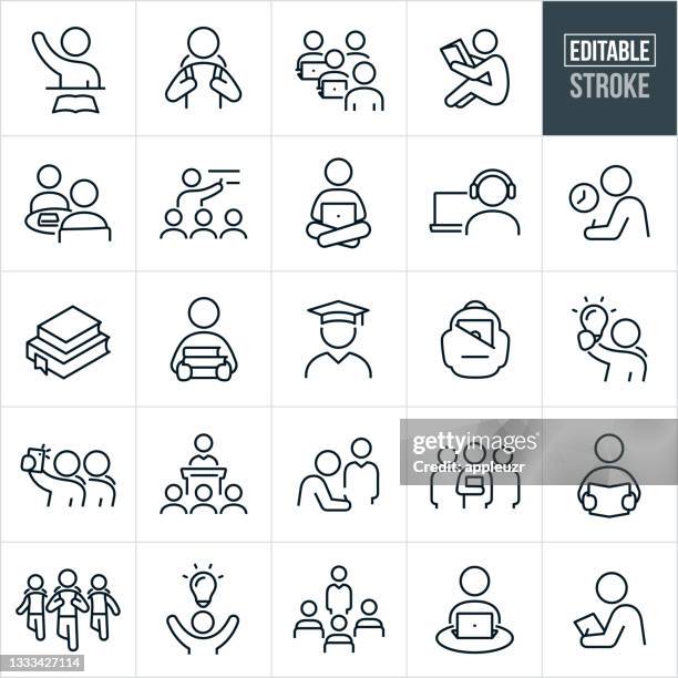 ilustrações de stock, clip art, desenhos animados e ícones de education thin line icons - editable stroke - jovens estudando
