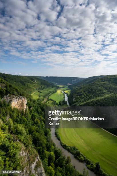 view from the knopfmacherfelsen into the danube valley, beuron, swabian alb, baden-wuerttemberg, germany - donau vallei stockfoto's en -beelden
