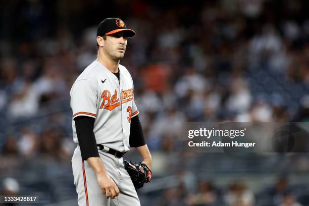 Matt Harvey of the Baltimore Orioles pitches against the New York Yankees during the third inning at Yankee Stadium on August 4, 2021 in New York...