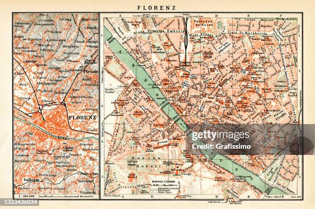 bildbanksillustrationer, clip art samt tecknat material och ikoner med map of florence italy 1898 - map of florence italy