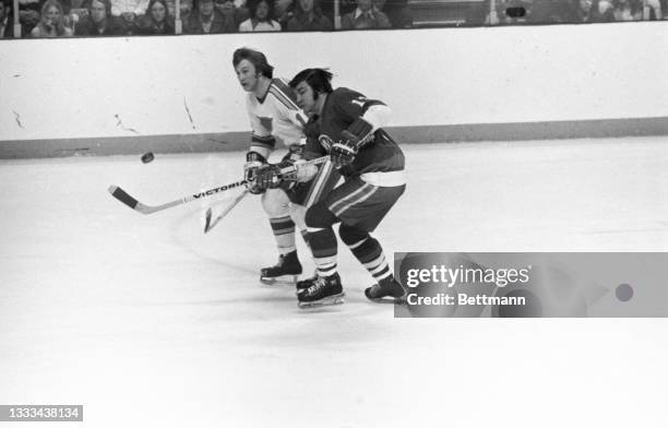 New York Islander Craig Cameron and St. Louis Blues' Floyd Thomson battle for the puck as it sails through the air in the first period of play.