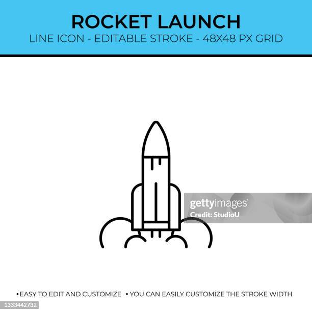 rocket launch single line icon - luftfahrtindustrie stock-grafiken, -clipart, -cartoons und -symbole