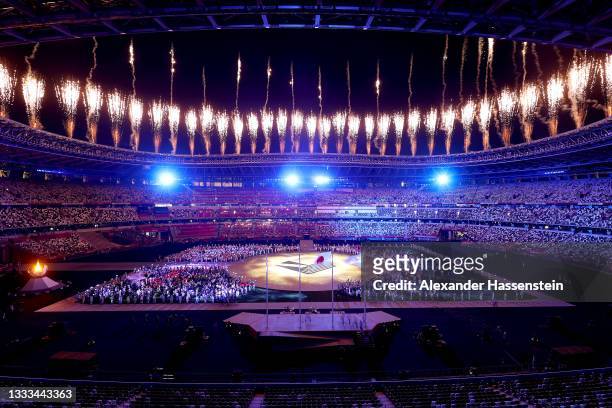 Fireworks are seen during the Closing Ceremony of the Tokyo 2020 Olympic Games at Olympic Stadium on August 08, 2021 in Tokyo, Japan.