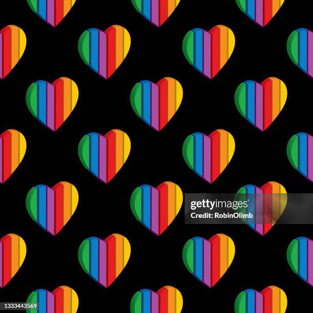 dimensional rainbow striped hearts seamless pattern - pride rainbow black stock illustrations