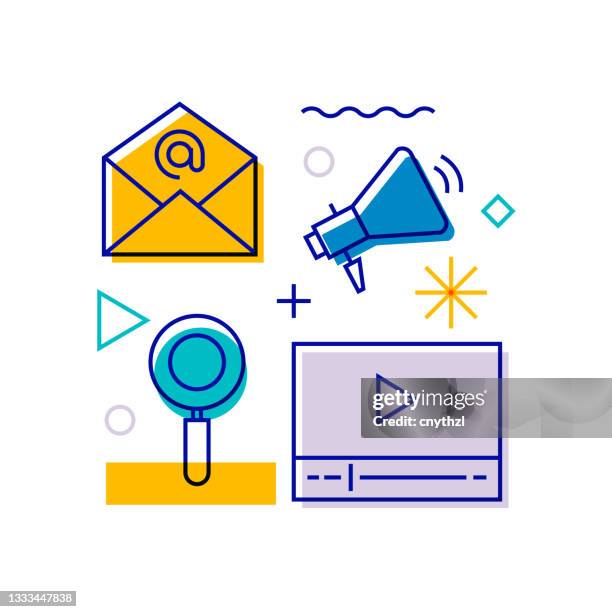 video marketing related design element. pattern design with outline icons. colorful vector illustration - seamless studio stock illustrations