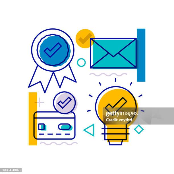 checkmark related design element. pattern design with outline icons. colorful vector illustration - reliability testing stock illustrations