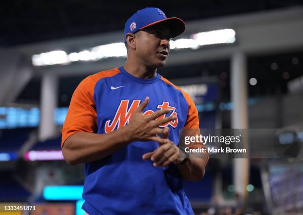 Manager Luis Rojas of the New York Mets looks on during batting practice prior to the game against the Miami Marlins at loanDepot park on August 02,...