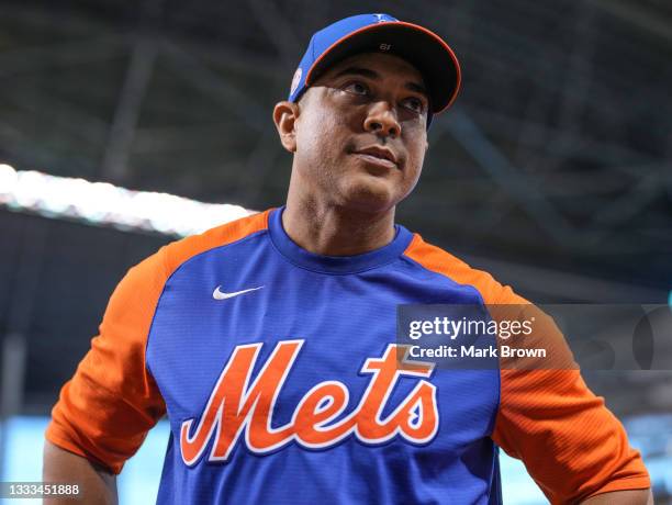 Manager Luis Rojas of the New York Mets looks on during batting practice prior to the game against the Miami Marlins at loanDepot park on August 02,...