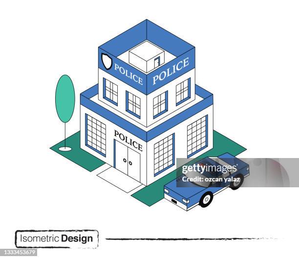 ilustrações, clipart, desenhos animados e ícones de polícia de design isométrico e veículo policial conceito moderno de design plano. - police station