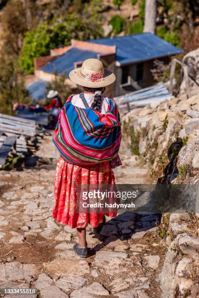 young aymara woman on isla del sol, lake titicaca, bolivia - bolivia daily life stock pictures, royalty-free photos & images