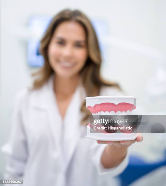 dentist holding dentures at her practice - dentures stock pictures, royalty-free photos & images
