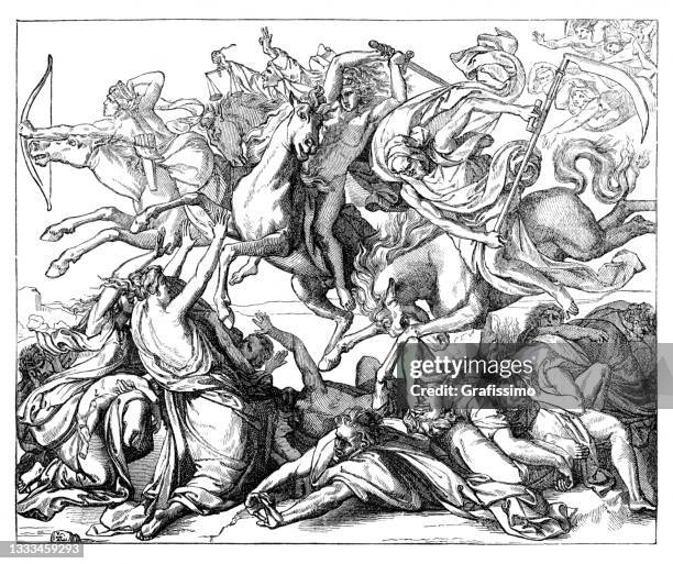 die vier reiter der apokalypse holzschnitt 1898 - die vier apokalyptischen reiter stock-grafiken, -clipart, -cartoons und -symbole
