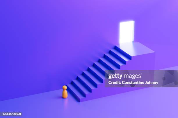 staircase leading up to bright light. making a choice and freedom concept with wooden people figure. - stairway heaven stock pictures, royalty-free photos & images