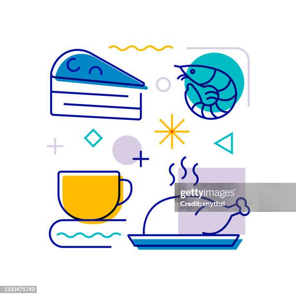 food and drink related design element. pattern design with outline icons. colorful vector illustration - pasta sauce stock illustrations