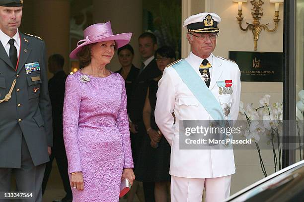 Carl XVI Gustaf, King of Sweden and Queen Silvia are sighted leaving the 'Hermitage' hotel to attend the Royal Wedding of Prince Albert II of Monaco...