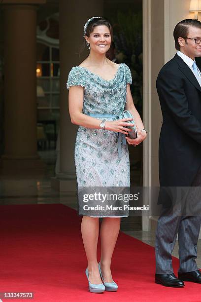 Crown Princess Victoria of Sweden is sighted leaving the 'Hermitage' hotel to attend the Royal Wedding of Prince Albert II of Monaco to Charlene...