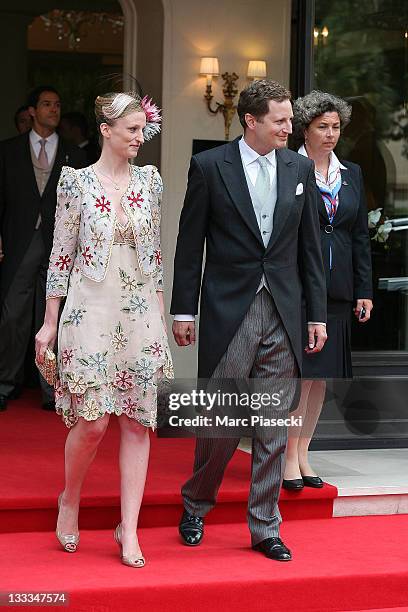 Prince Georg Friedrich of Prussia and his fiance H.S.H. Princess Sophie Johanna Maria of Isenburg are sighted leaving the 'Hermitage' hotel to attend...