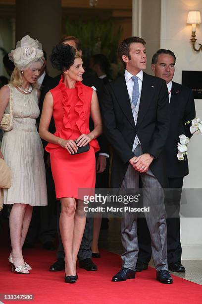 Emanuele Filiberto of Savoia and his wife princess Clotilde Courau are sighted leaving the 'Hermitage' hotel to attend the Royal Wedding of Prince...