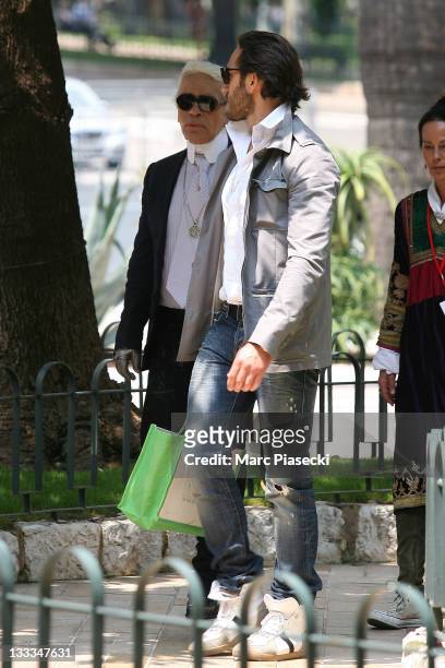 Fashion designer Karl Lagerfeld is sighted around the 'Hermitage' hotel before the Royal Wedding of Prince Albert II of Monaco to Charlene Wittstock...