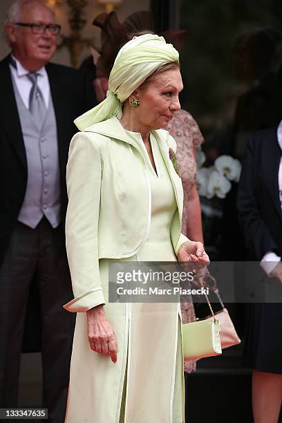 Her Imperial Majesty Empress Farah Pahlavi is sighted leaving the 'Hermitage' hotel to attend the Royal Wedding of Prince Albert II of Monaco to...
