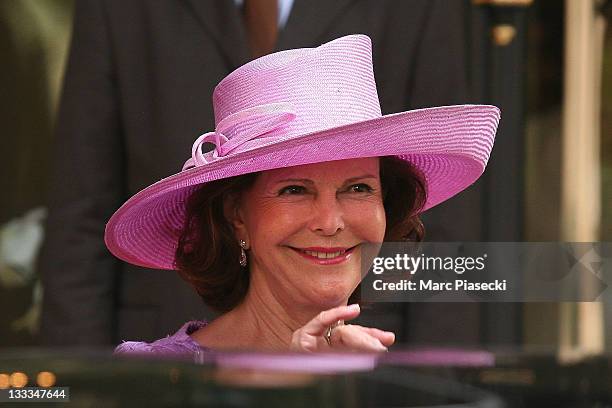 Queen Silvia is sighted leaving the 'Hermitage' hotel to attend the Royal Wedding of Prince Albert II of Monaco to Charlene Wittstock in the main...