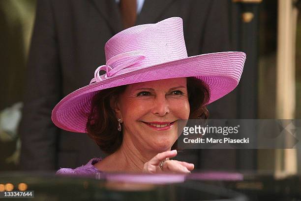 Queen Silvia is sighted leaving the 'Hermitage' hotel to attend the Royal Wedding of Prince Albert II of Monaco to Charlene Wittstock in the main...