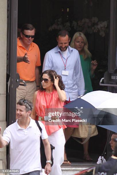 Princess Mette-Marit of Norway and Prince Haakon of Norway are seen leaving the Hotel de Paris the morning before the ceremony of the Royal Wedding...