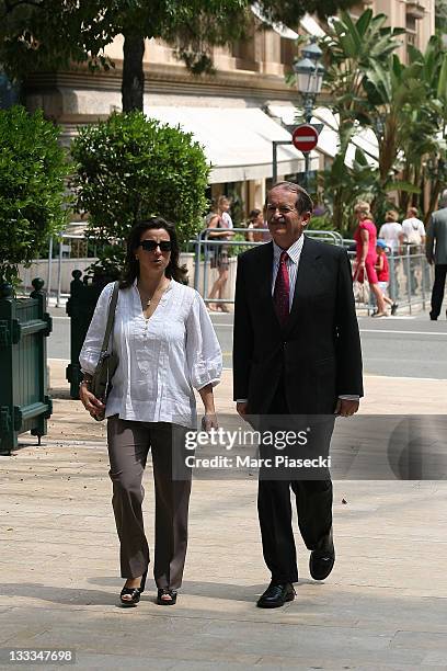 Duarte Pio, Duke of Braganza and his wife Isabel de Castro Curvello de Heredia are sighted leaving the 'Hermitage' hotel before the ceremony of the...