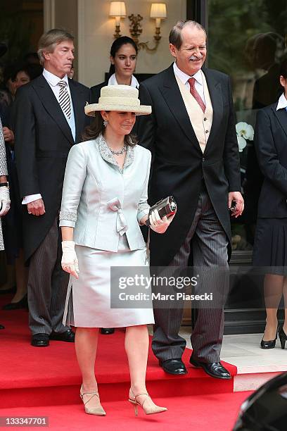 Duarte Pio, Duke of Braganza and his wife Isabel de Castro Curvello de Heredia are sighted leaving the 'Hermitage' hotel to attend the Royal Wedding...