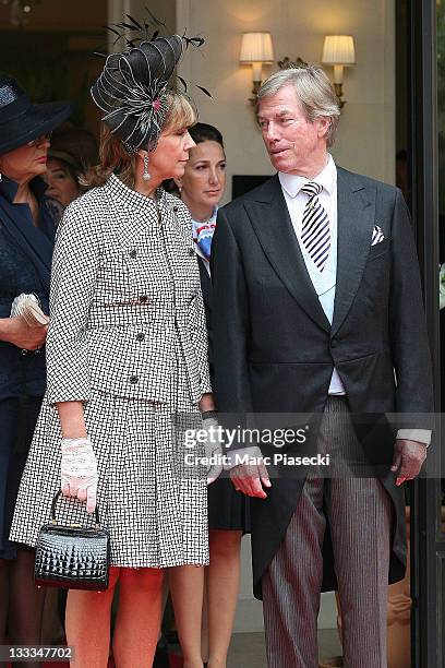 Prince Leopold of Bavaria and his wife Uschi of Bavaria are sighted leaving the 'Hermitage' hotel to attend the Royal Wedding of Prince Albert II of...