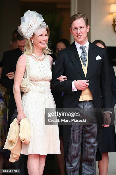 Bernhard, hereditary Prince of Baden and his wife Stephanie Anne Kaul are sighted leaving the 'Hermitage' hotel to attend the Royal Wedding of Prince...