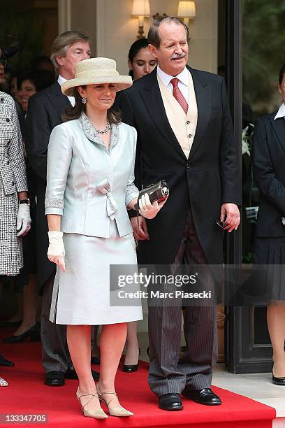 Duarte Pio, Duke of Braganza and his wife Isabel de Castro Curvello de Heredia are sighted leaving the 'Hermitage' hotel to attend the Royal Wedding...