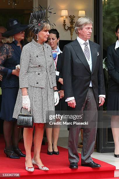 Prince Leopold of Bavaria and his wife Uschi of Bavaria are sighted leaving the 'Hermitage' hotel to attend the Royal Wedding of Prince Albert II of...