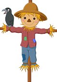 Cartoon funny scarecrow with crow bird