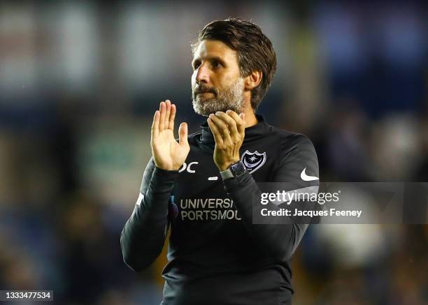 Danny Cowley, manager of Portsmouth claps the away fans following the Carabao Cup First Round match between Millwall and Portsmouth at The Den on...