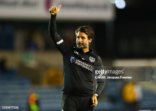 Danny Cowley, manager of Portsmouth claps the away fans following the Carabao Cup First Round match between Millwall and Portsmouth at The Den on...