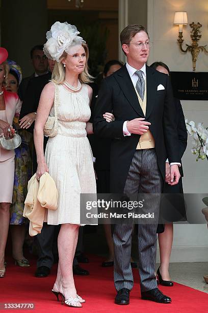 Bernhard, hereditary Prince of Baden and his wife Stephanie Anne Kaul are sighted leaving the 'Hermitage' hotel to attend the Royal Wedding of Prince...