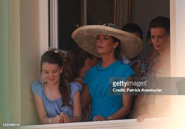 Princess Alexandra of Hanover, Caroline Princess of Hanover and Princess Stephanie of Monaco pose on the balcony after the civil ceremony of the...
