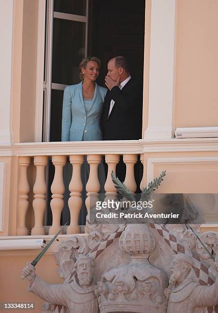 Princess Charlene of Monaco and Prince Albert II of Monaco pose on the balcony after the civil ceremony of the Royal Wedding of Prince Albert II of...