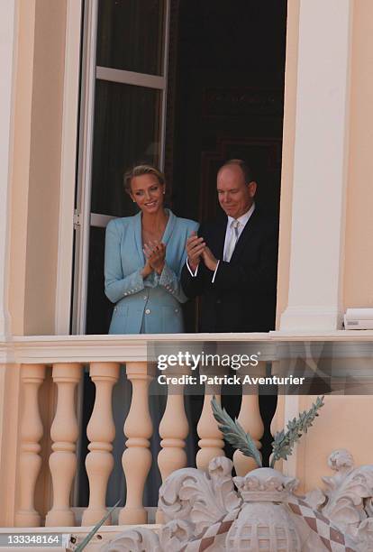 Princess Charlene of Monaco and Prince Albert II of Monaco pose on the balcony after the civil ceremony of the Royal Wedding of Prince Albert II of...