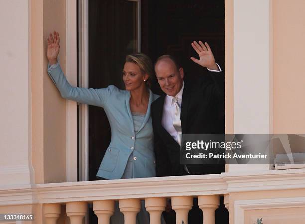 Princess Charlene of Monaco and Prince Albert II of Monaco pose on the balcony after the civil ceremony of the Royal Wedding of Prince Albert II of...