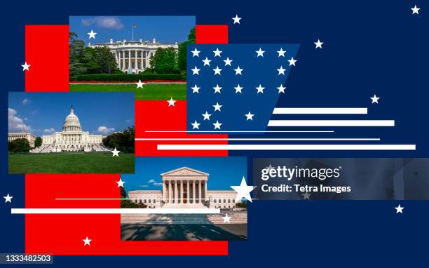 white house, capitol building, and supreme court against american flag pattern - capitol hill white house stock pictures, royalty-free photos & images