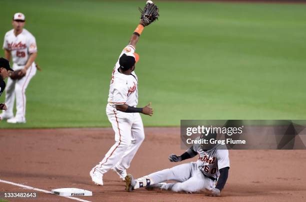 Akil Baddoo of the Detroit Tigers slides into third base with a triple in the second inning ahead of the throw to Maikel Franco of the Baltimore...